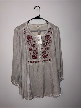 American Vintage Gray Tunic with Burgundy Floral Embroidery XL
